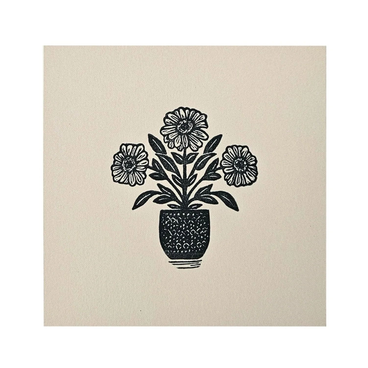 Zinnia flower block print - neutral botanical print - small square